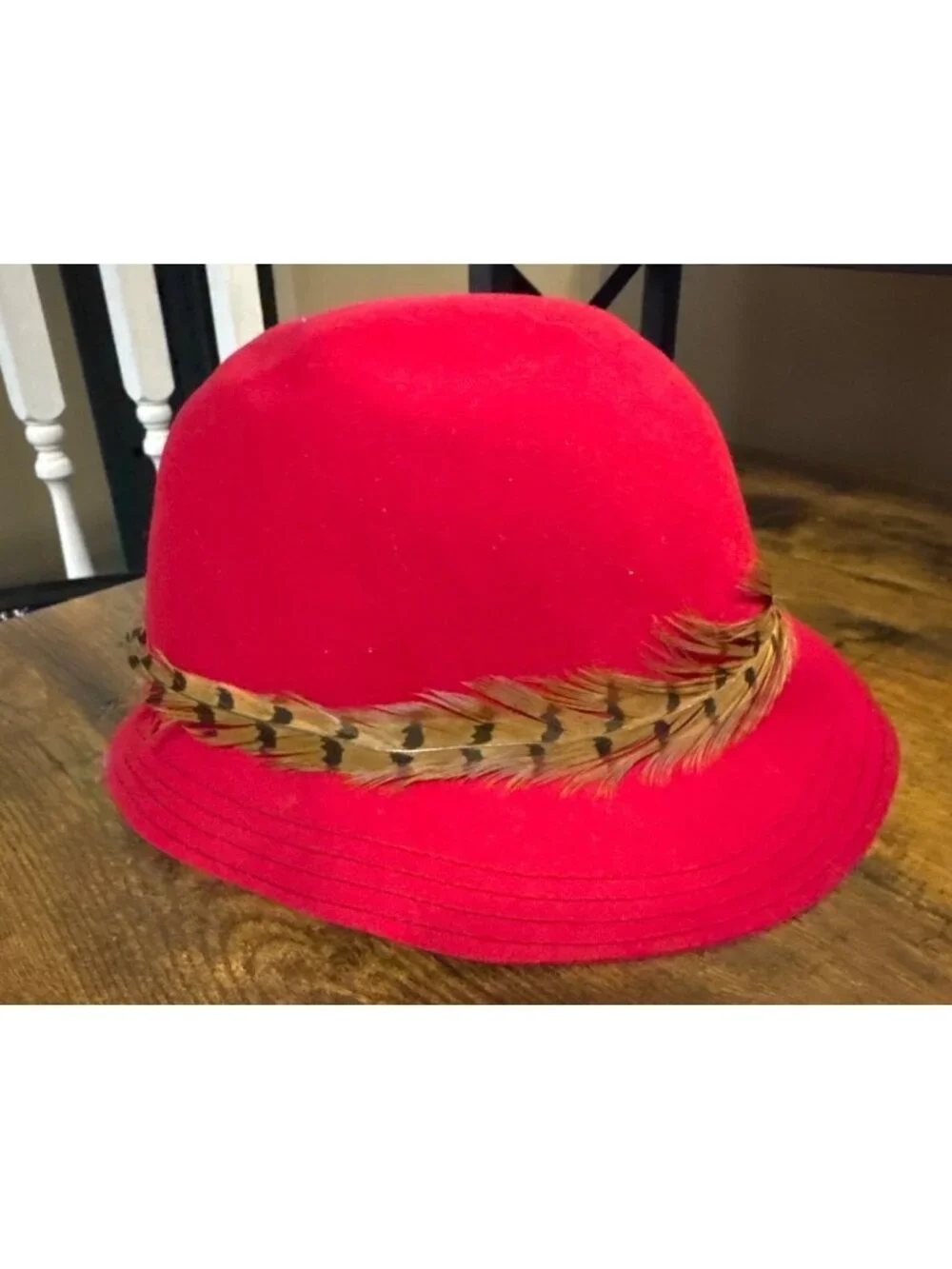 Vintage Red Wool Betmar New York Cloche Hat Pheasant Feather